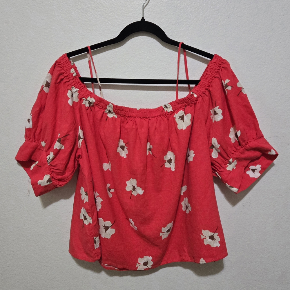 Universal Thread Red Floral Blouse Short Sleeve Off-Shoulder with Straps Size XL